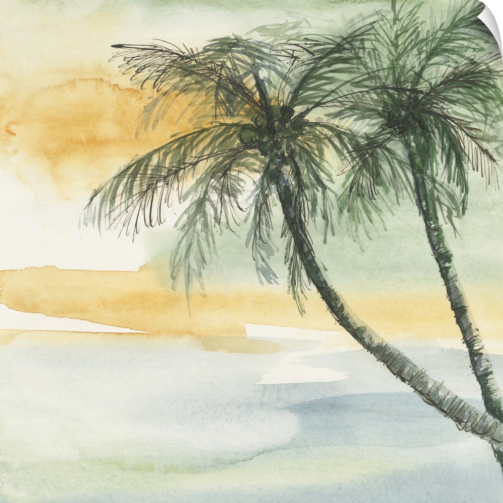 Contemporary watercolor painting of palm trees against a tropical colored background.