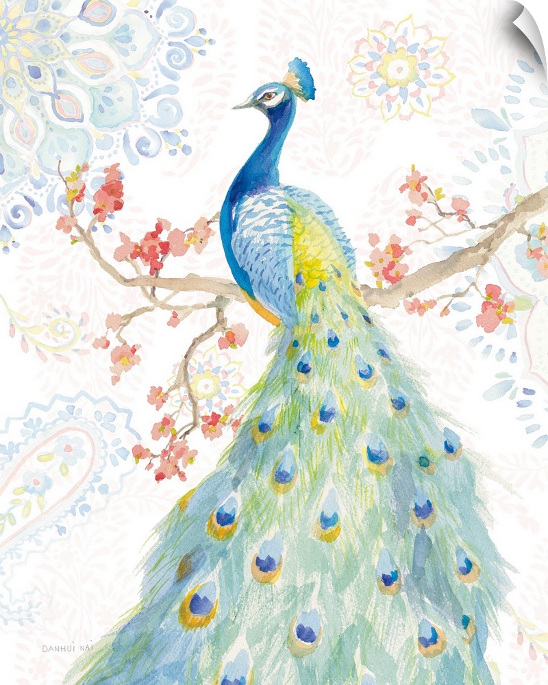 Contemporary artwork featuring a watercolor peacock resting on a branch with mandala designs in the background.