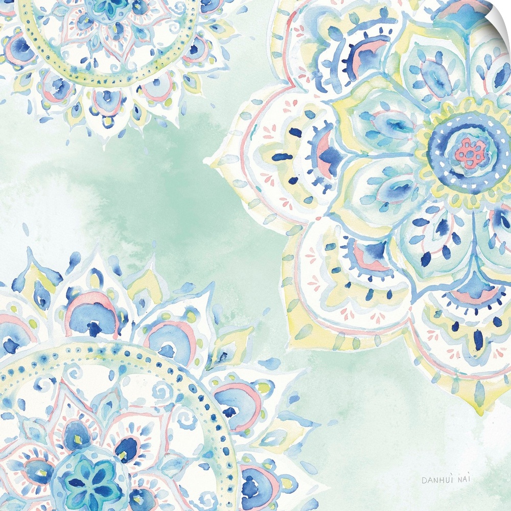 Contemporary watercolor mandala designs over a soft gradated background.