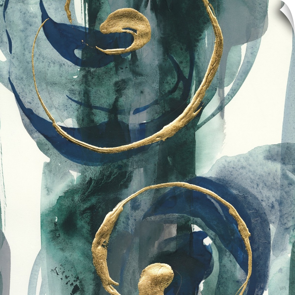Large abstract painting with dark teal and blue paint on a white background, and metallic gold swirls on top.