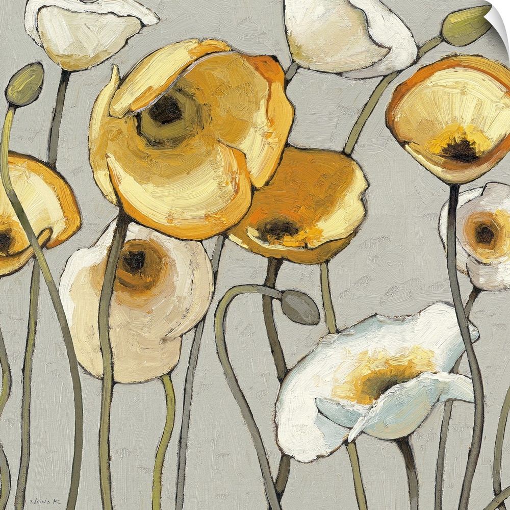 Oversized, square contemporary painting of a group of poppies in light and golden colors, extending upwards on a solid bac...