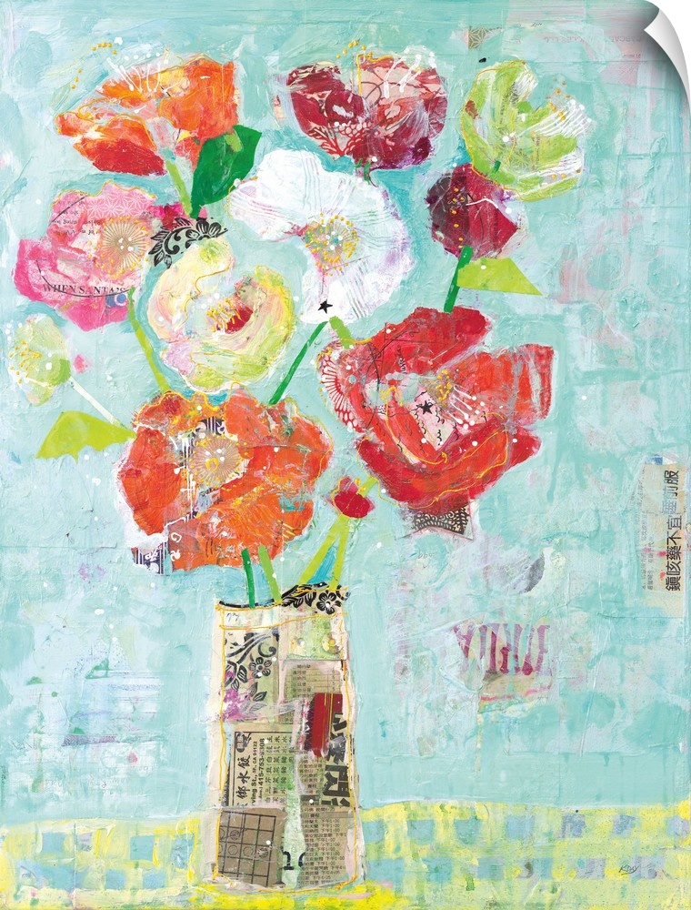 Mixed media artwork creating colorful flowers in a vase made out of newspaper clippings on a light blue background.