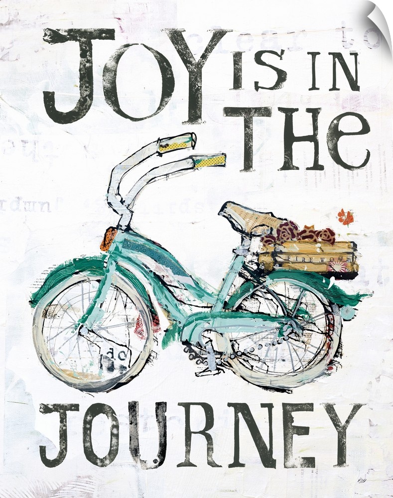 "Joy is in the Journey" with a green bicycle, created with mixed media