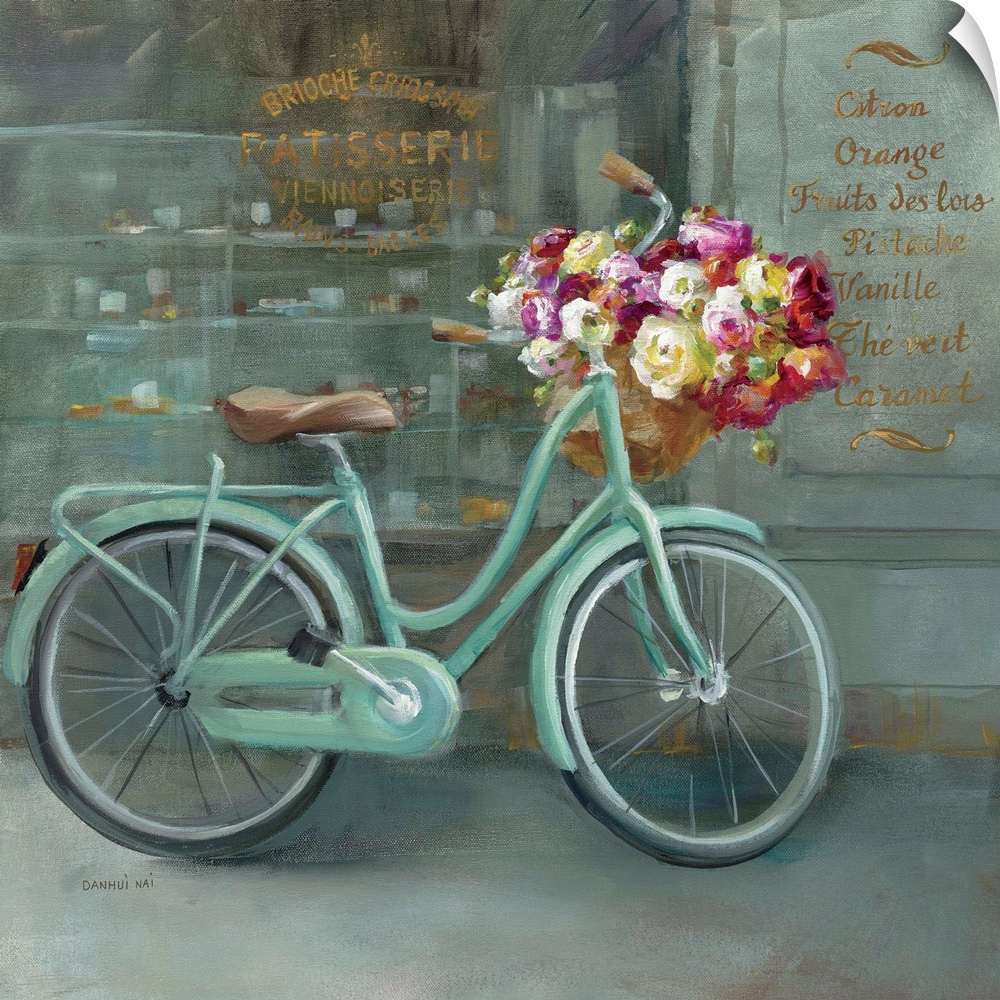 Contemporary artwork of a bicycle with flowers in the handlebar basket.