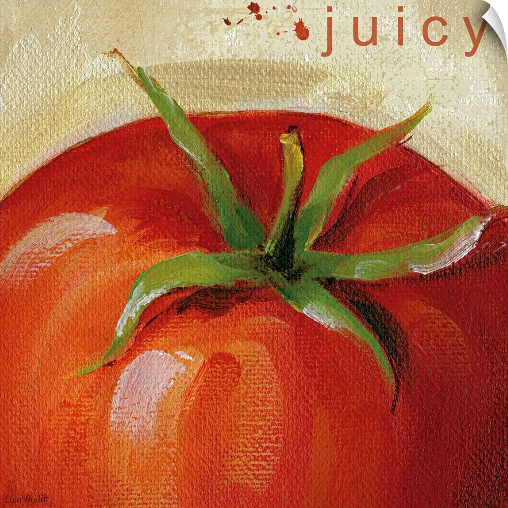 Perfect for the kitchen or dining room docor this square shaped wall art is a close up of a tomato with the text ojuicyo i...