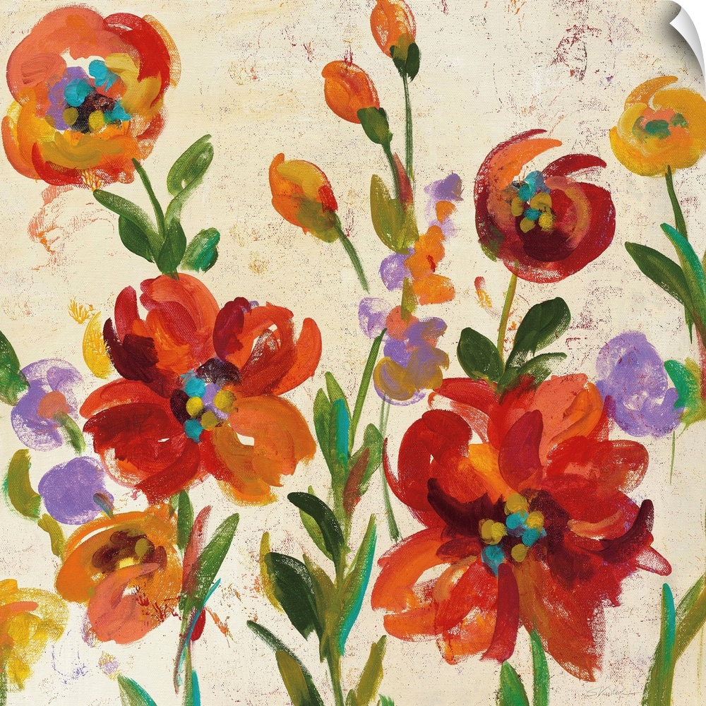 Square contemporary painting of colorful red and orange flowers on a beige and cream colored background.