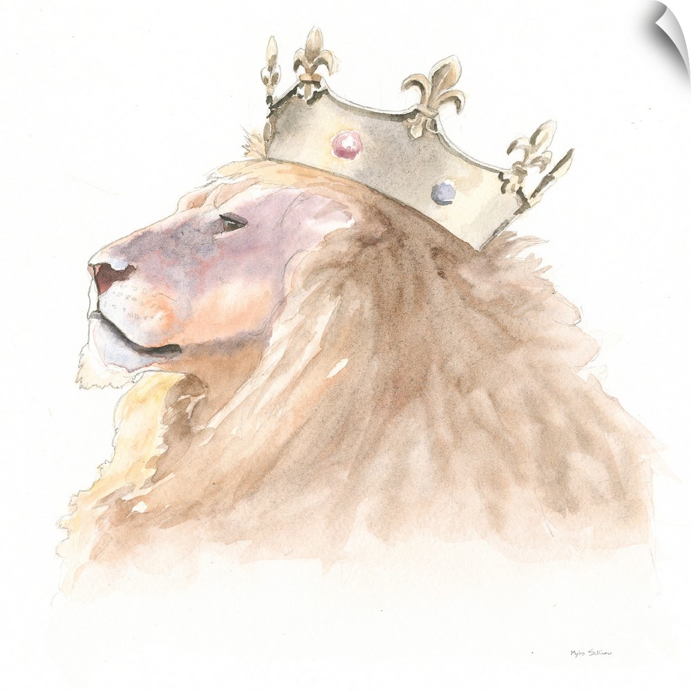 Square watercolor painting of a lion wearing a crown.