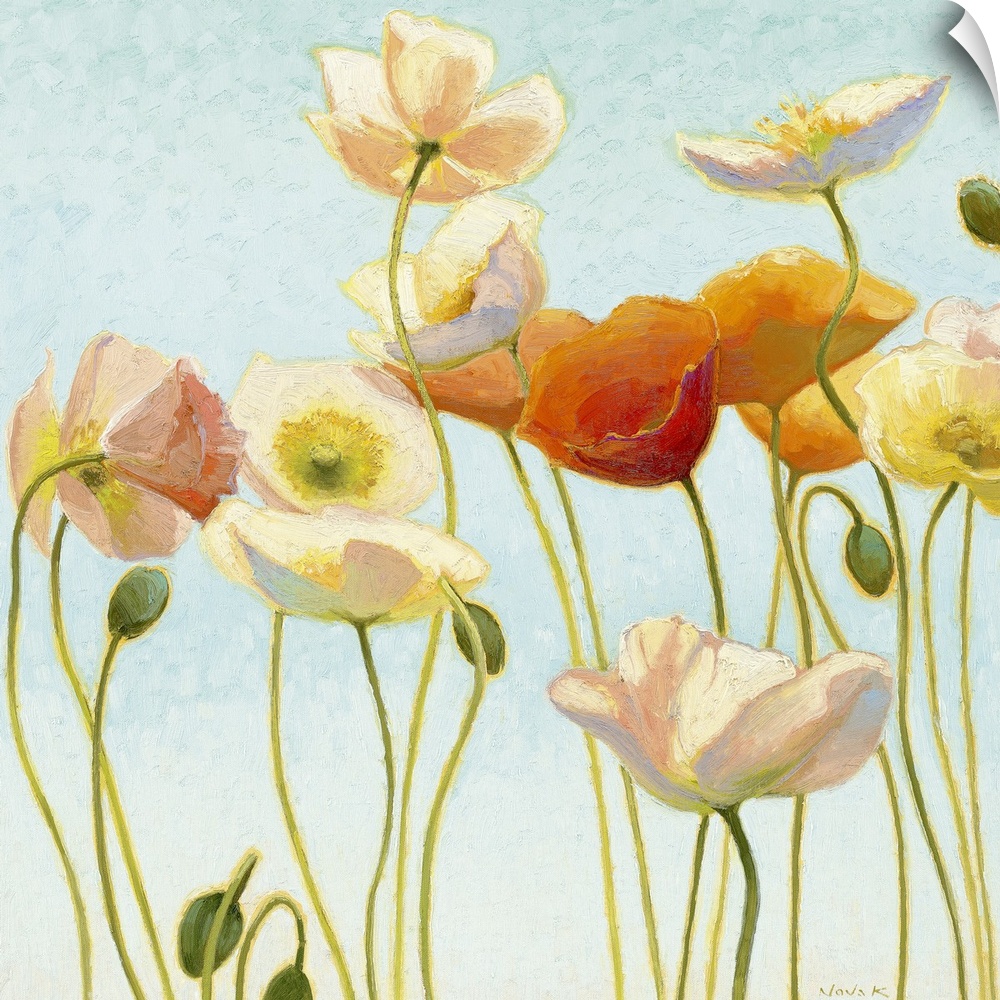 Painting of several flowers in different colors, some in bloom, with a few buds, against a pale blue sky.