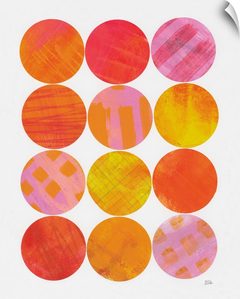 Vertical contemporary design of circles of bright brush stroked colors in rows.