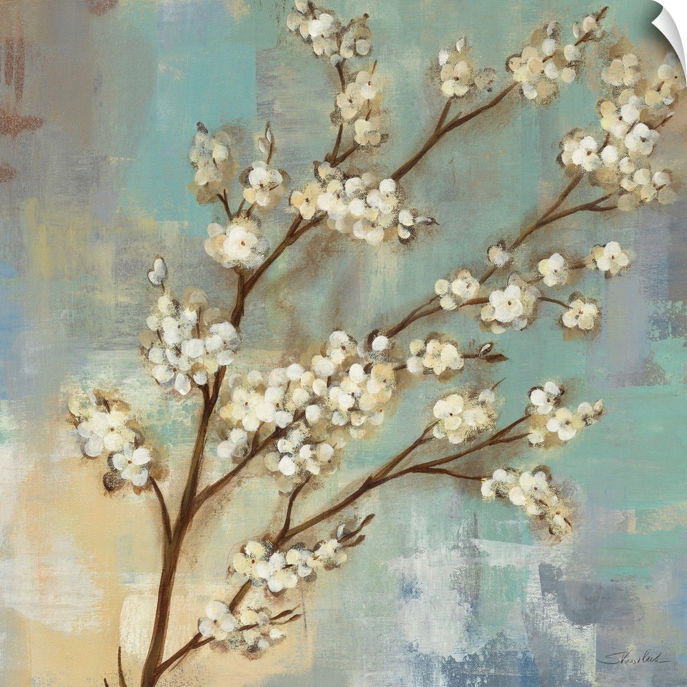 Contemporary painting of a branch of Kyoto blossoms on a cool textured background.