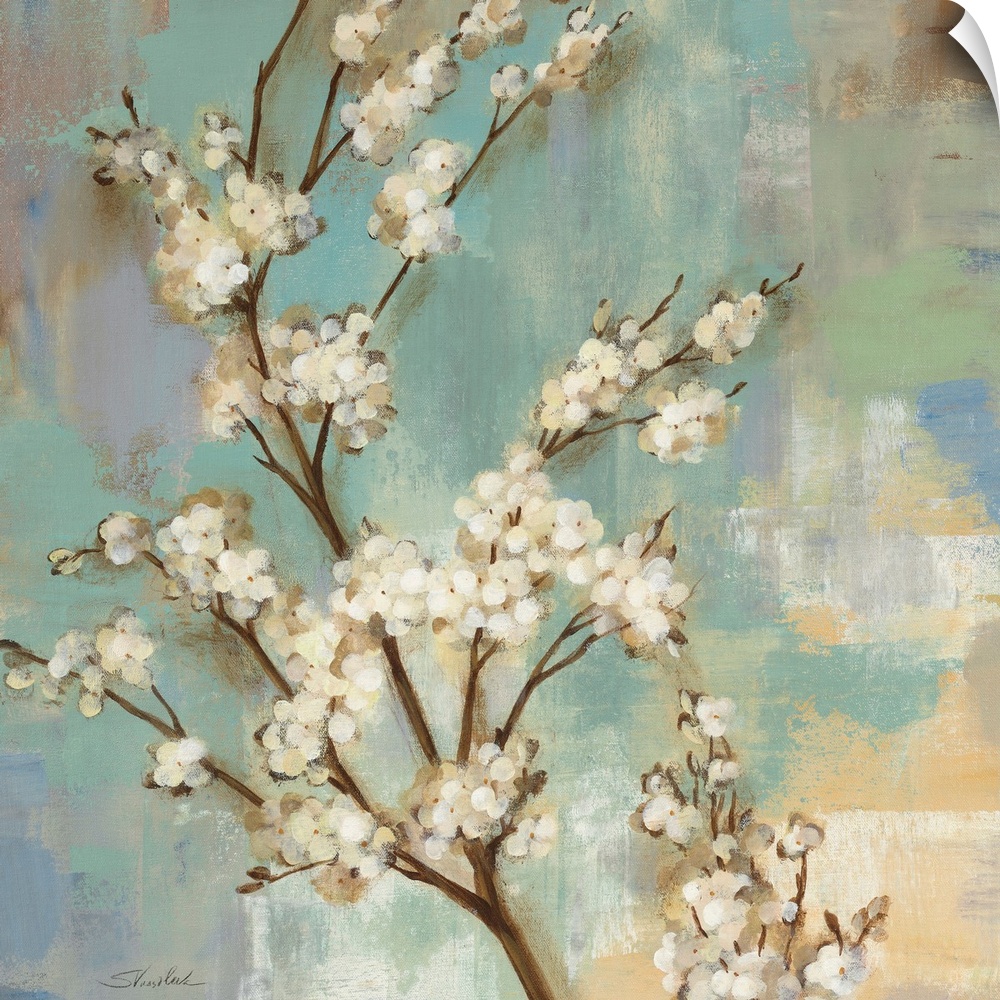 Square painting on canvas of tree branches with blossoms on it against a pastel colored background with wide brush stroke ...