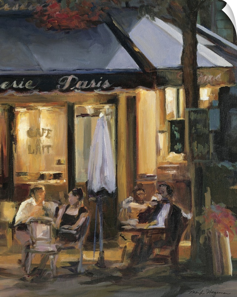 Painting of street cafo with people sitting outside at tables at night.