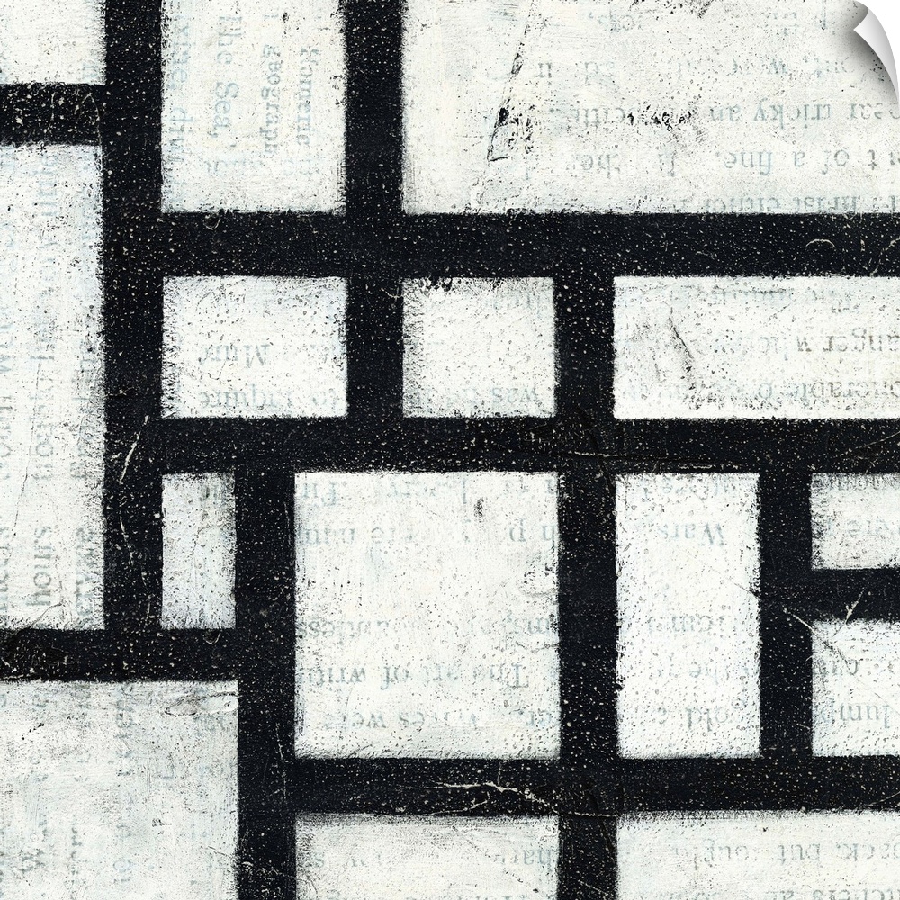 Square contemporary painting of a black and white grid design with faded text peeping through the background.
