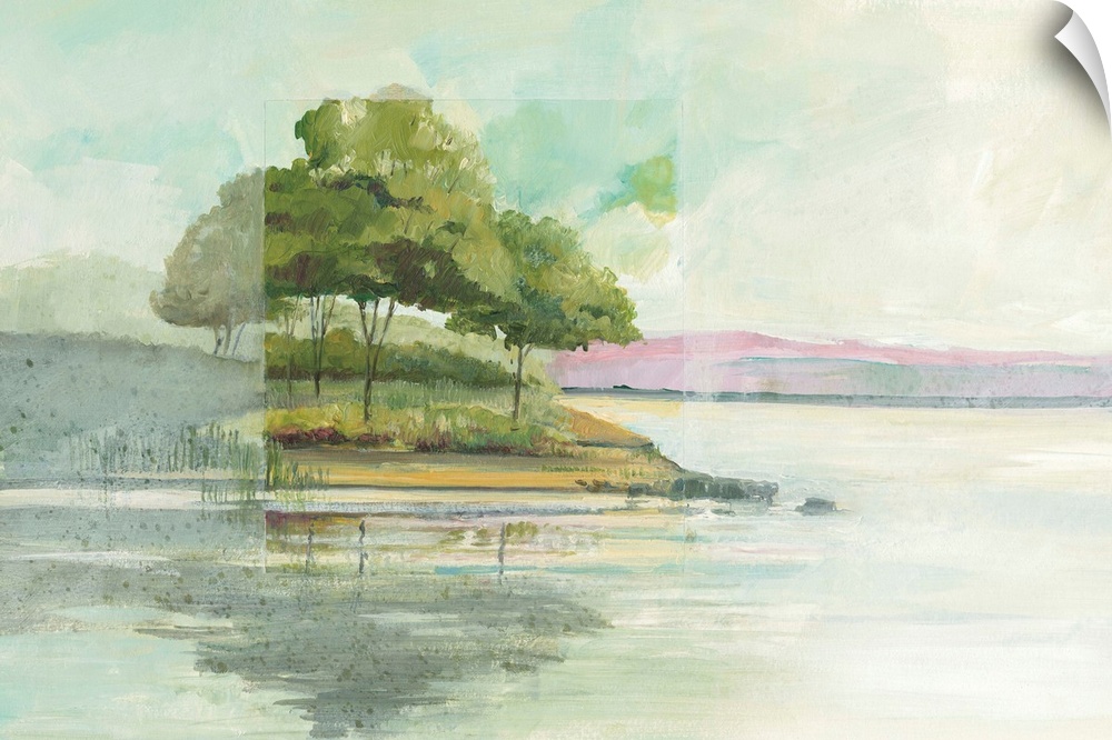 Watercolor landscape painting of trees at the edge of a lake.