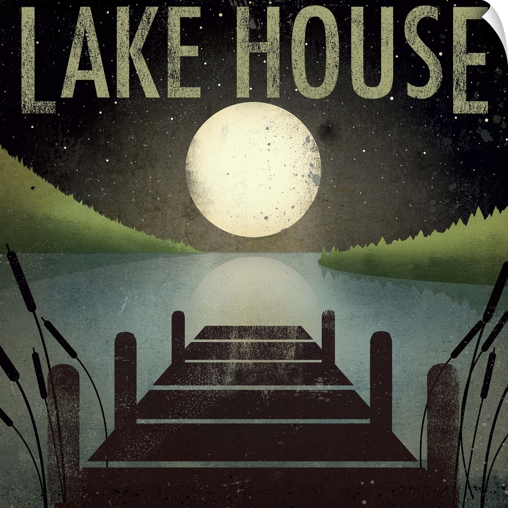 Contemporary design featuring clean silhouette cutouts of a pier on the lake under the full moon with the words lake house...