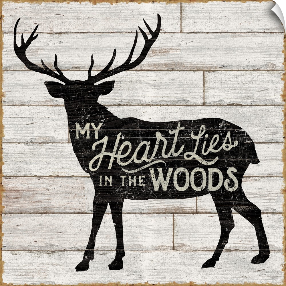 Contemporary rustic cabin decor artwork of a silhouetted nature element with a typographic sentiment in it.