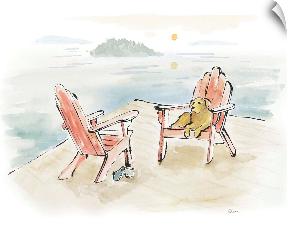 Watercolor painting of a yellow lab relaxing on a chair at the lake.