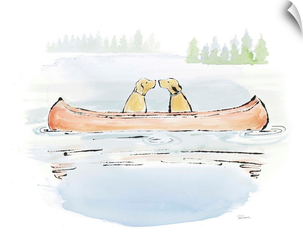 Watercolor painting of two yellow labs about to kiss while floating on a canoe in the middle of a lake.