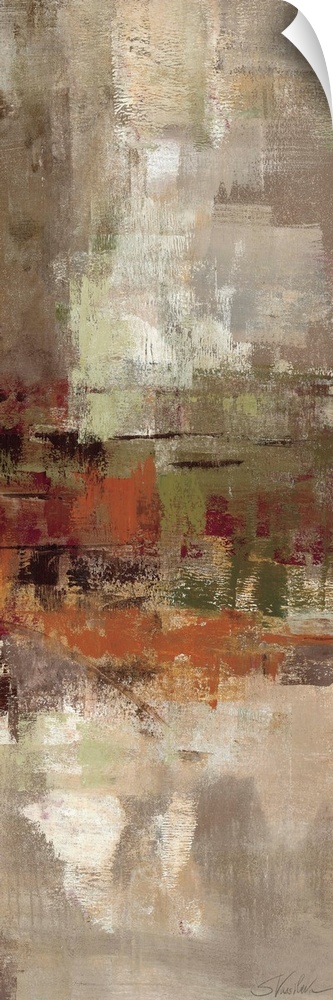 An abstract piece of art with brush strokes of earthy tones giving the painting depth.