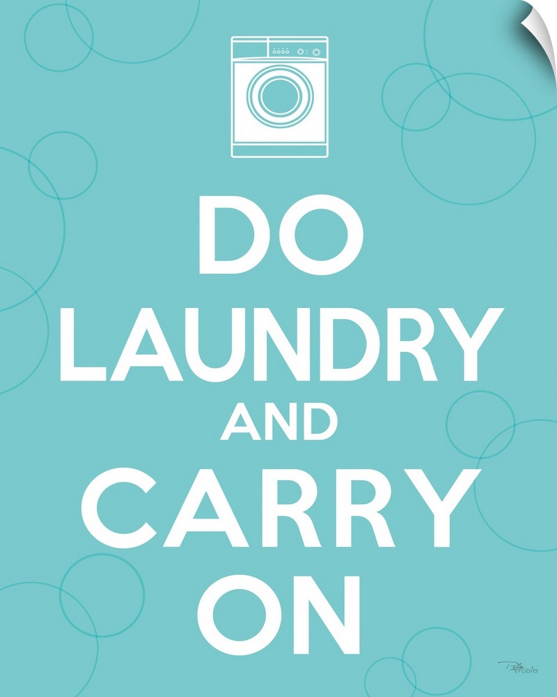 Vertical, big print of white text reading "Do laundry and carry on", a small white illustration of a washing machine above...