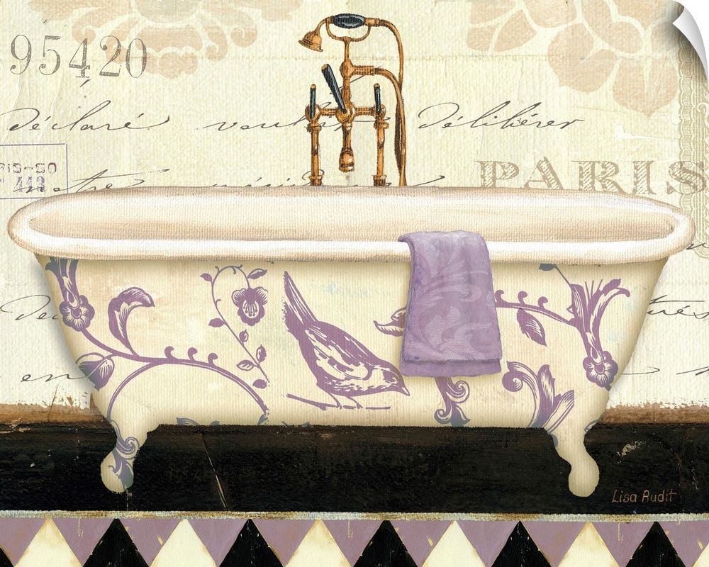 Contemporary artwork of a floral decorated bathtub, against a floral and text background.