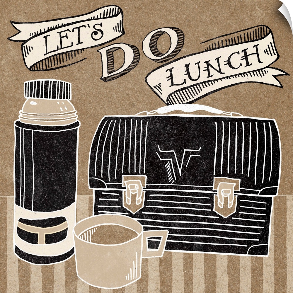 Retro style image of a metal lunchbox and thermos with handlettered text.