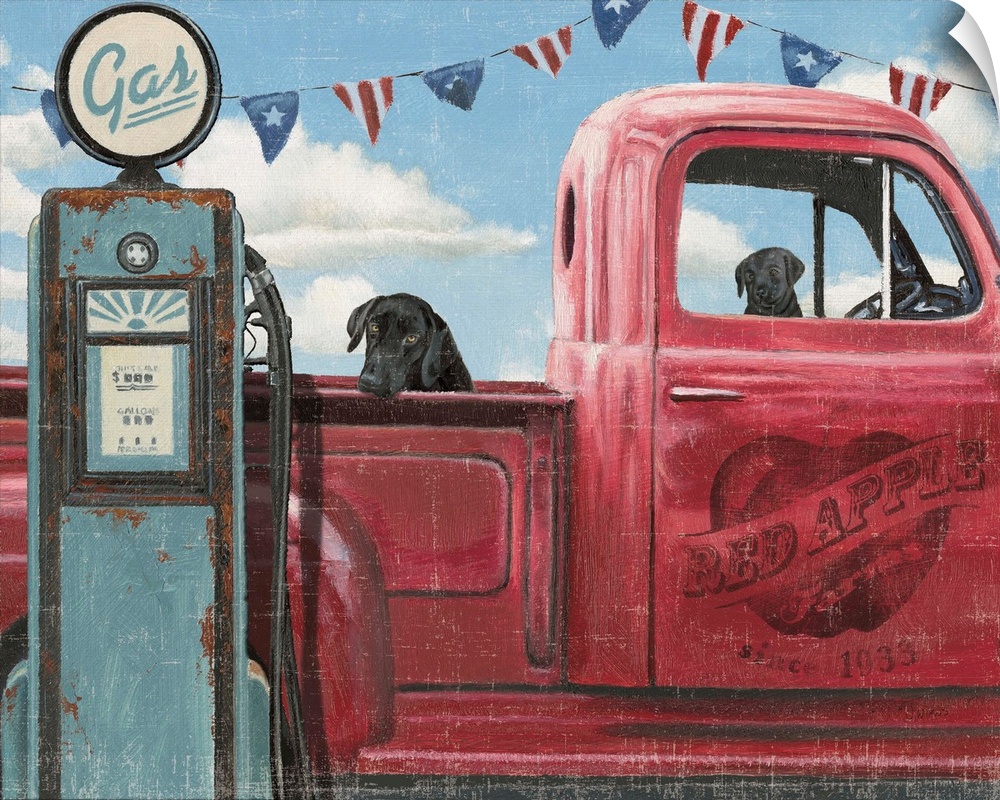 Two dogs sitting in a vintage red truck at a gas station with a weathered, aged effect overlay.