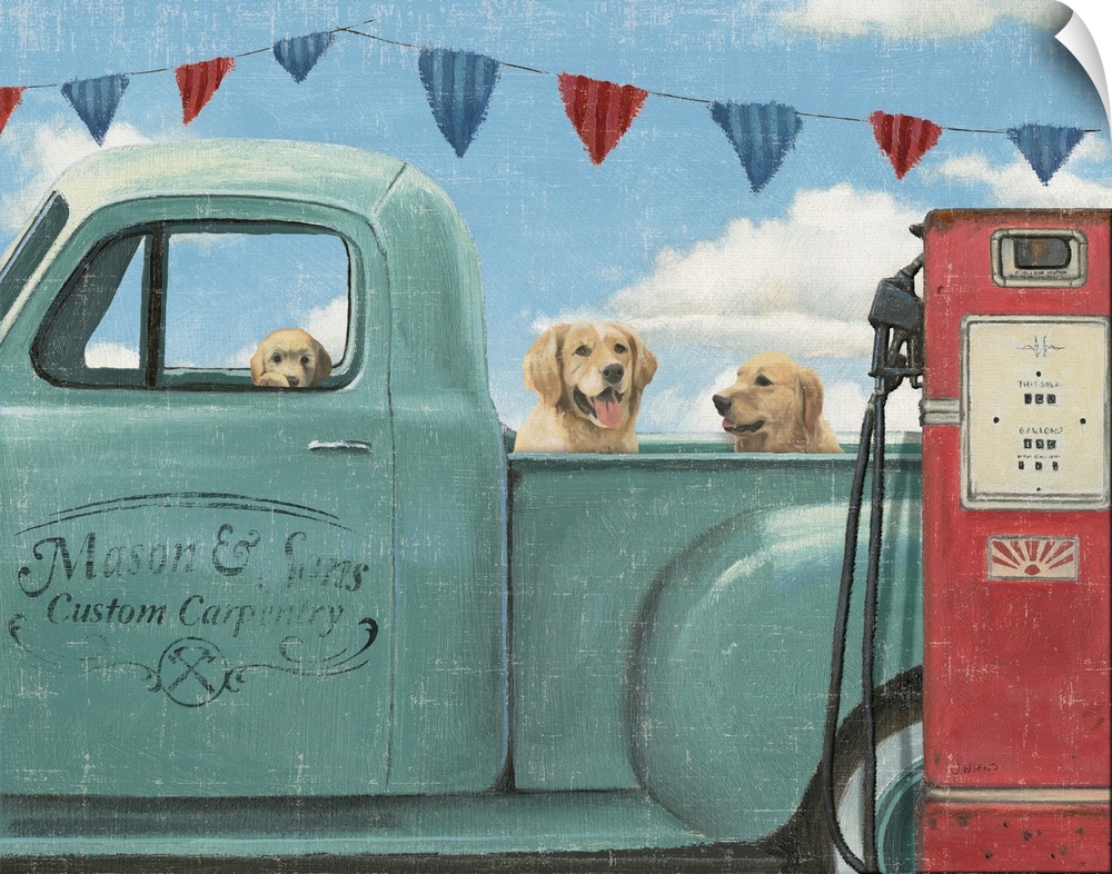 Three dogs sitting in a vintage blue truck at a gas station with a weathered, aged effect overlay.