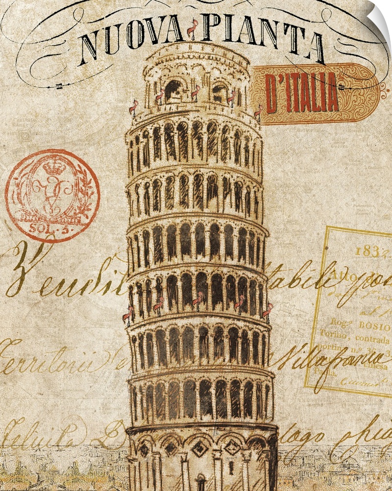 Wall docor featuring a vintage postcard design of the Leaning Tower of Pisa.