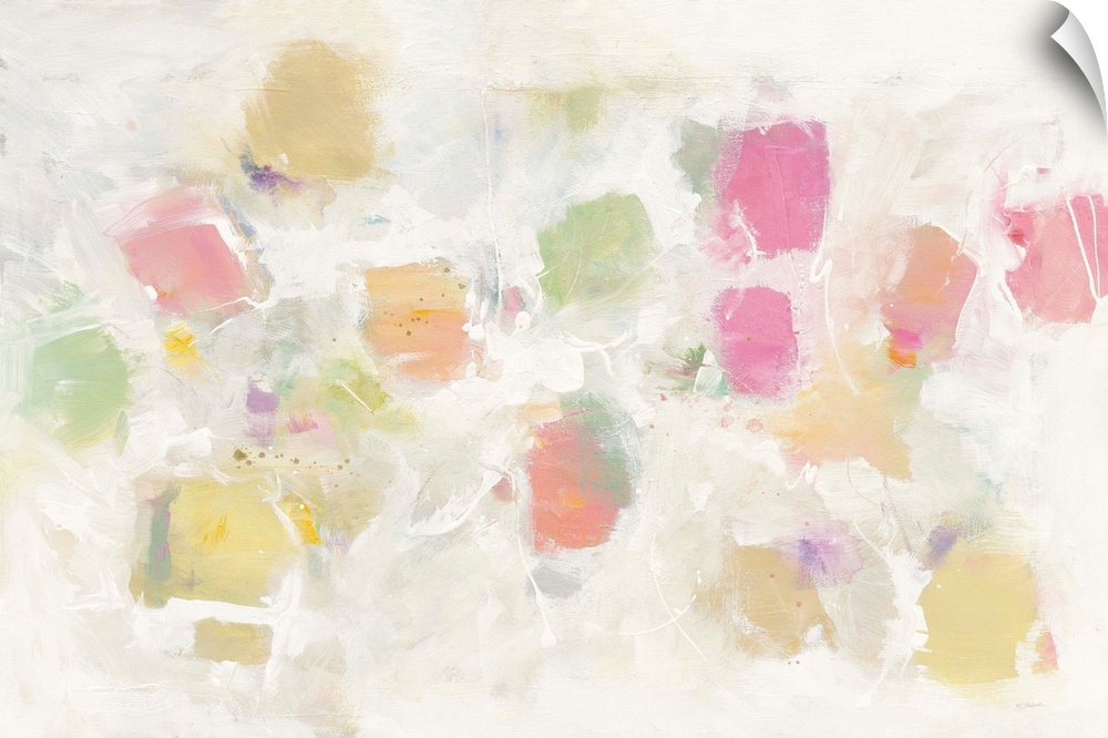 Soft abstract painting with relaxing pink, yellow, green, orange, and purple hues on a cream colored background.
