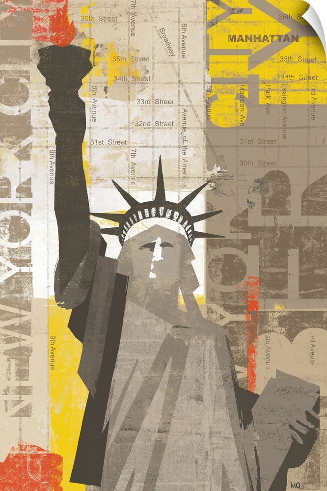 Contemporary artwork of the Statue of Liberty in cut out fashion with map of New York and text in the background.