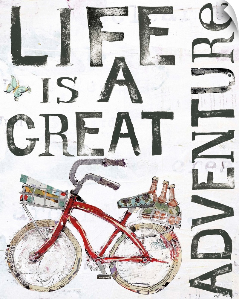 "Life is a Great Adventure" with a red bicycle, created with mixed media.