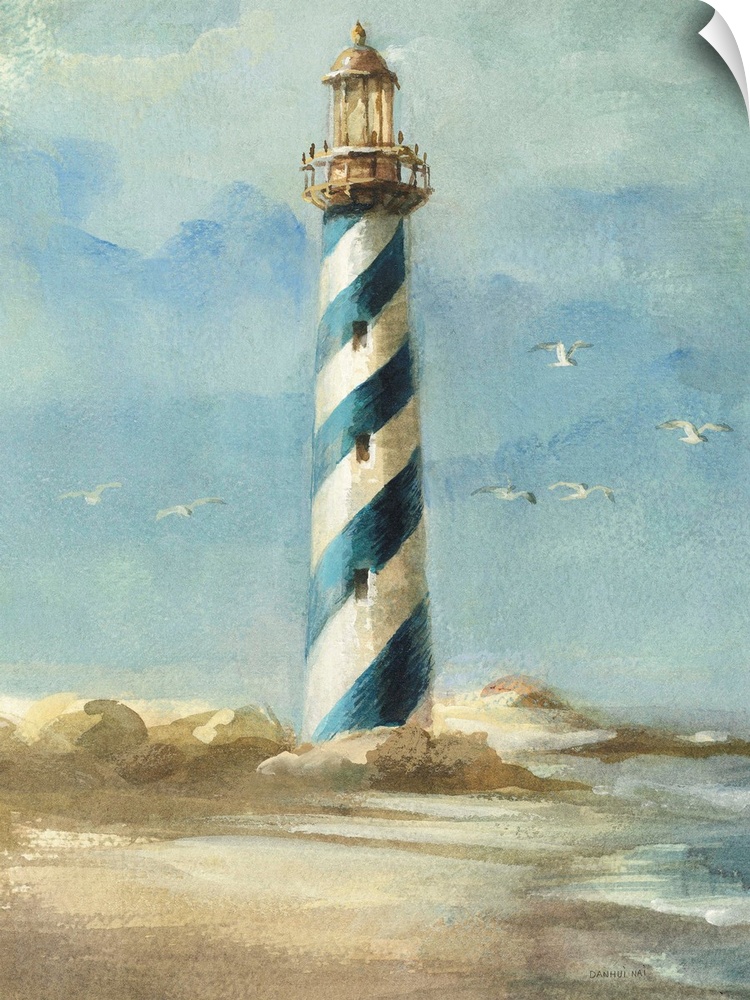 Contemporary painting of a blue spiral striped lighthouse in a coastal scene.