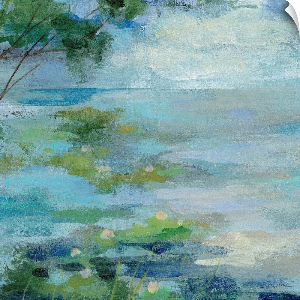 Contemporary painting of green lilypads in a calm blue pond.