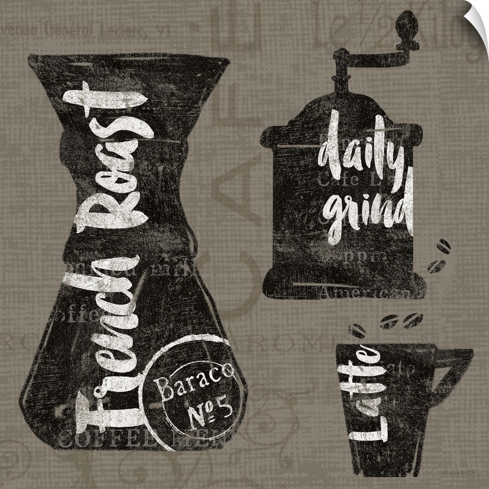 Coffee grinder and mug design with handlettered text.