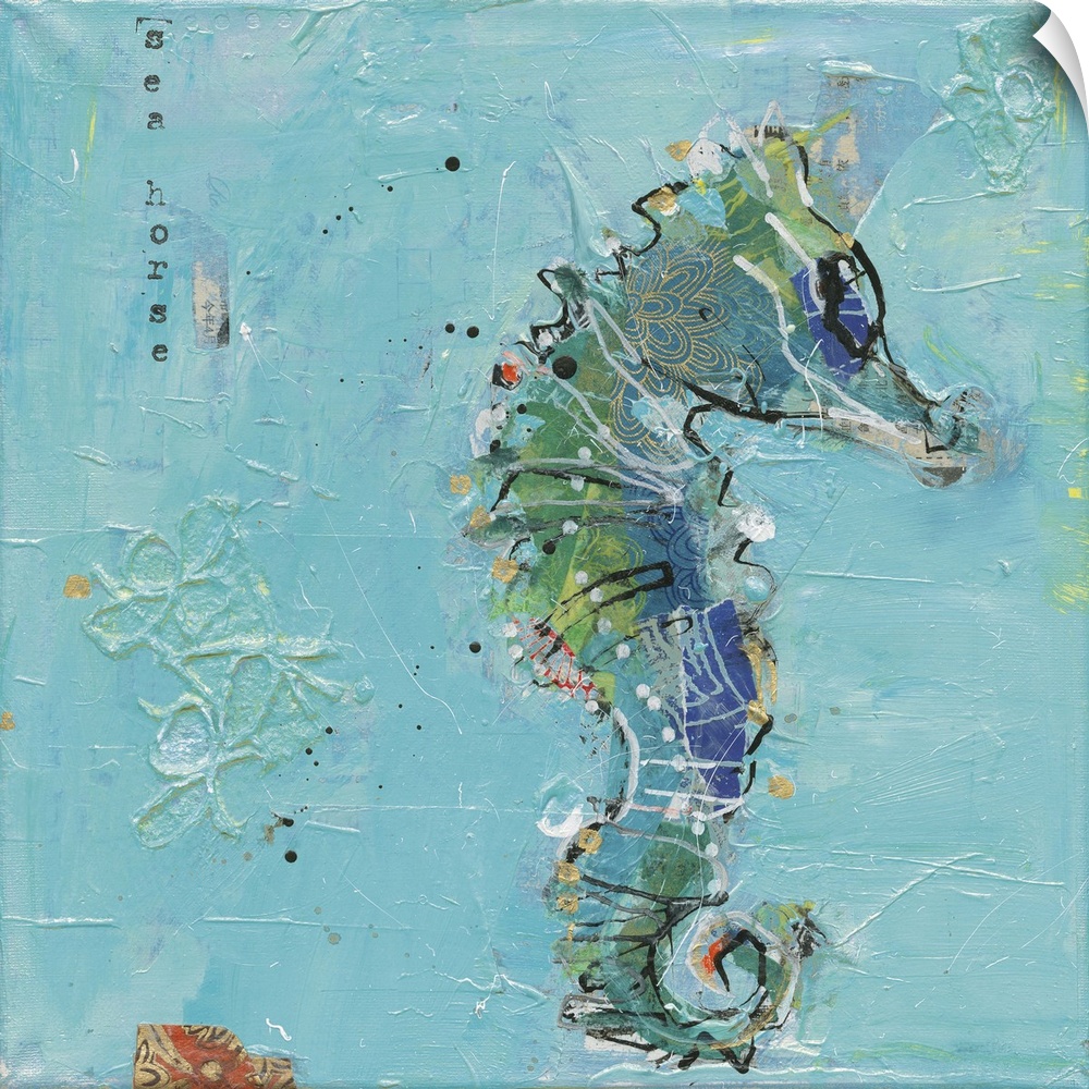 Square abstract painting of a seahorse with a light blue textured background and the word "Seahorse" stamped on the top.
