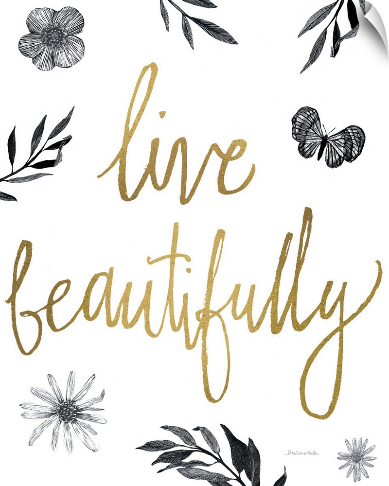 Gold handlettering against a white background with leaves and butterfly.
