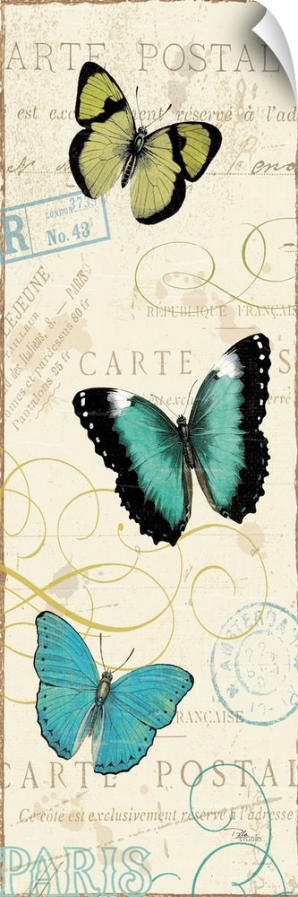 Contemporary artwork of three butterflies running vertically in the frame. Against a beige background with text.