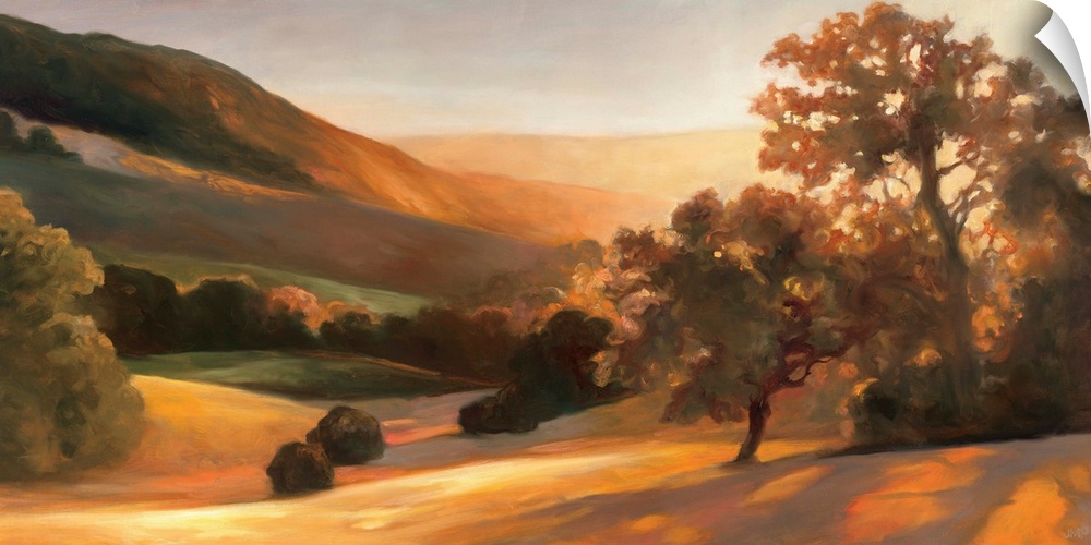 Contemporary painting of a scenic countryside valley at sunrise.