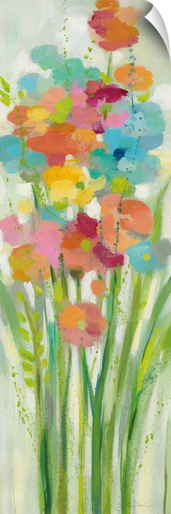A long vertical painting of a group of stemmed flowers and leaves in cheerful colors.