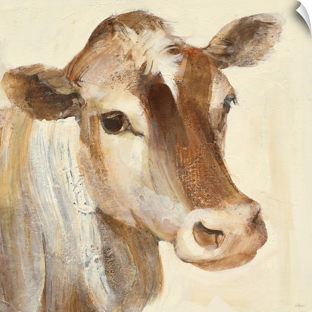 Square contemporary painting of a cow in warm tones of color.
