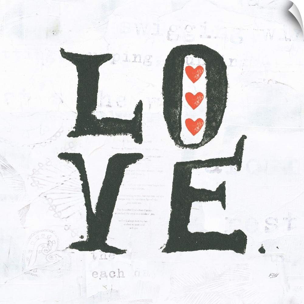 Square painting with the word "love" written in two lines with red hearts on a white background with faded text and doodle...
