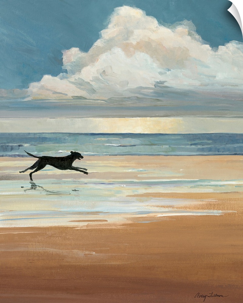 A black Labrador runs on a sandy beach with a large cloud on the ocean horizon in this vertical landscape painting.