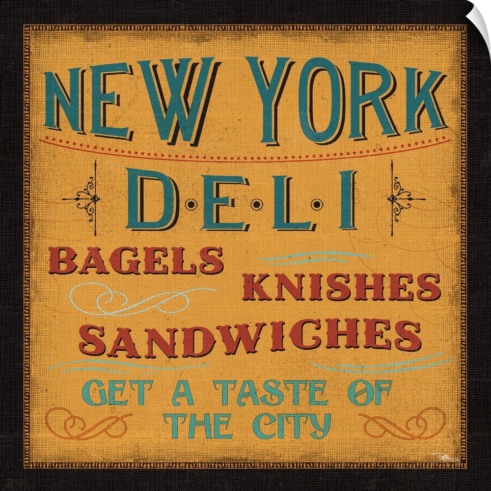 A vintage-style sign for a New York deli, advertising bagels, knishes, and sandwiches.