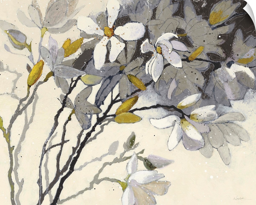 Large contemporary painting of magnolia flowers in yellow, grey, white, and silver on a cream background.