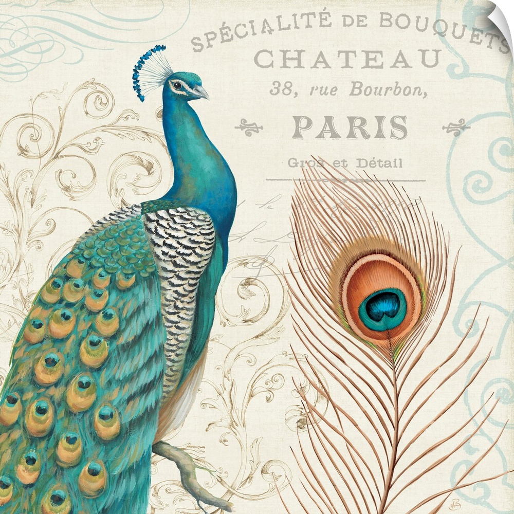 Square painting of a peacock on top of a neutral background with various text and patterns.