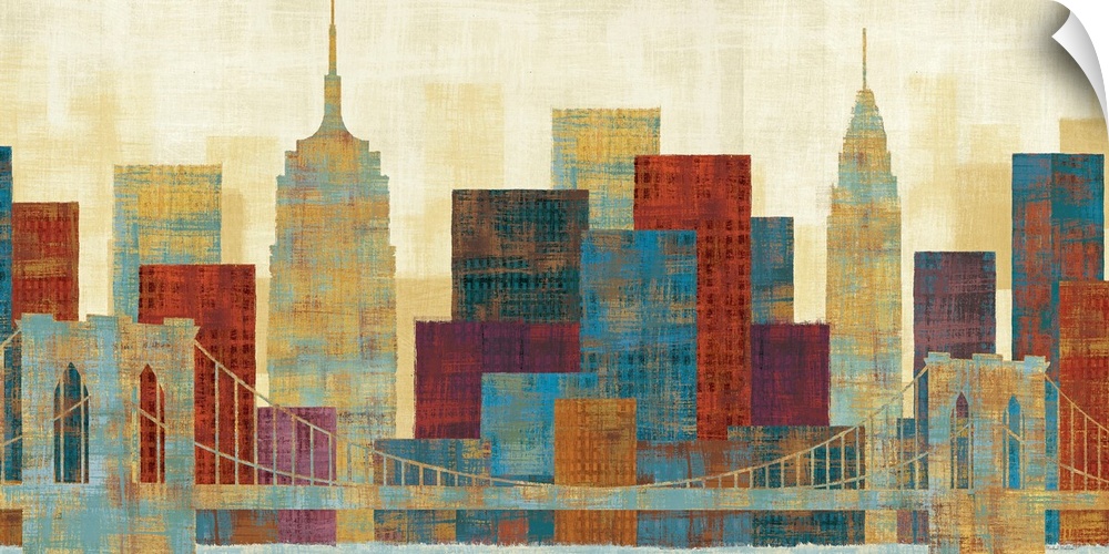 A contemporary art piece of the Brooklyn bridge with the NYC skyline behind it. Many colors are used for the buildings.