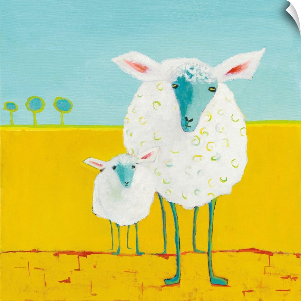 Contemporary abstract painting of a mother and baby sheep standing outside on a bright yellow surface with long, blue legs.
