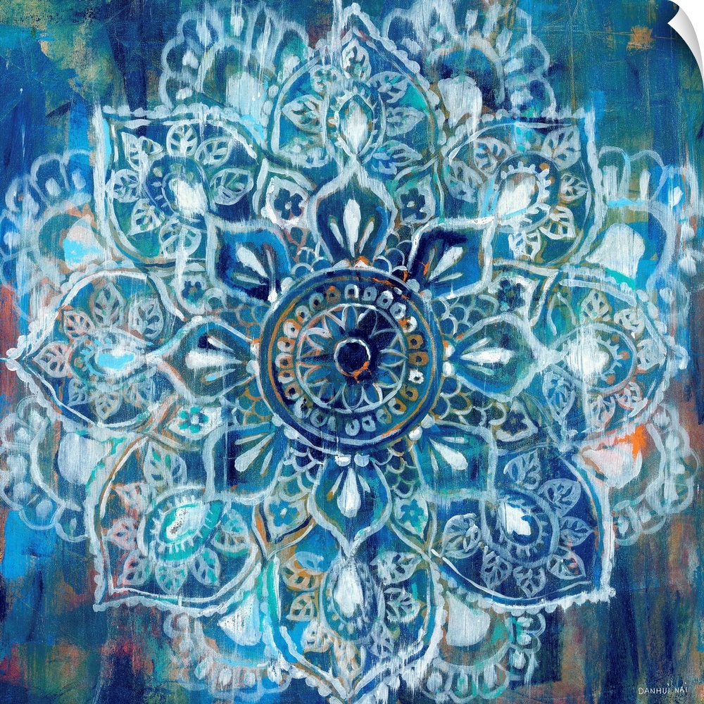 Contemporary artwork of a mandala using predominantly blue.
