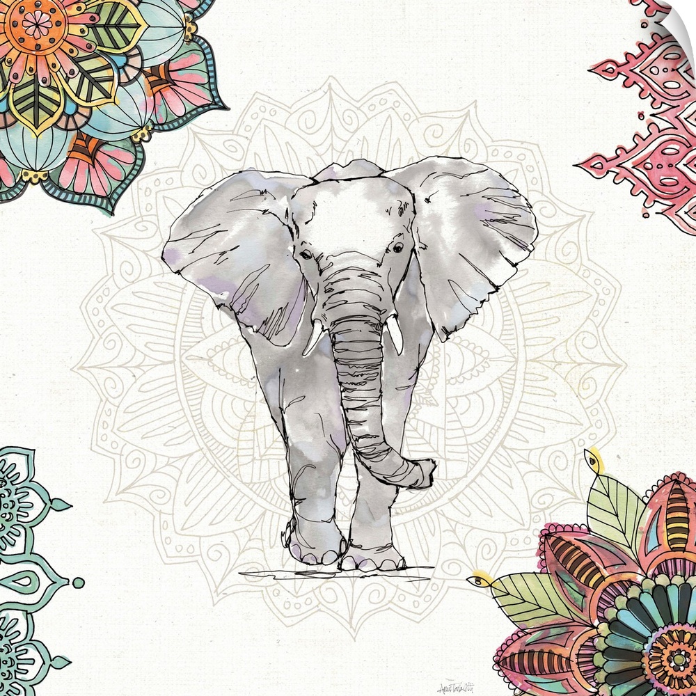 Bohemian style decor with an illustration of an elephant with colorful mandalas all around.